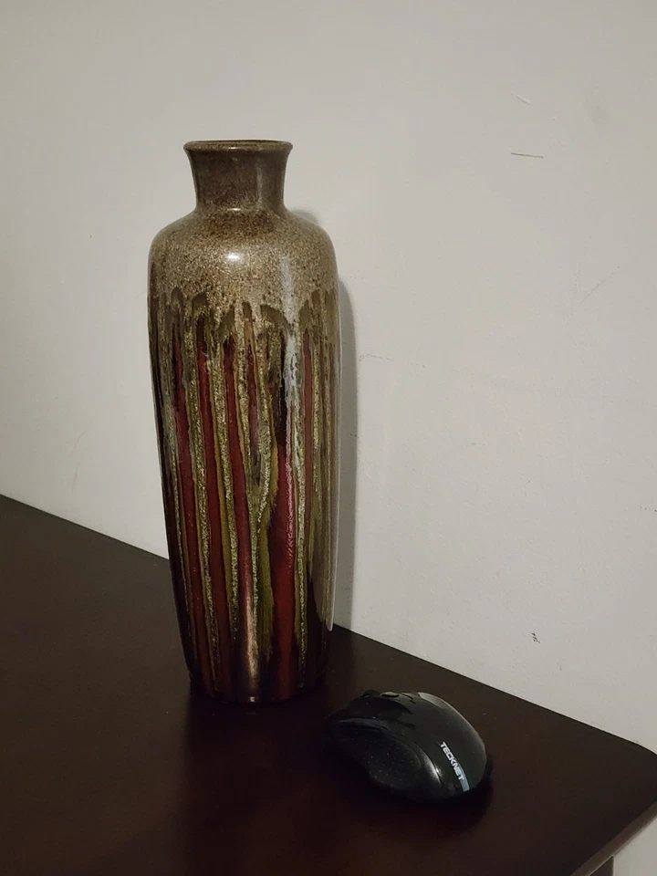 Jarrón Pier One Imports cerámica esmalte por goteo marrón y verde cilindro de 13,5” de alto Foto 4 de 4