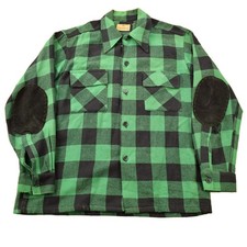 Vintage 1950s Aberdeen Green Buffalo Plaid Wool Button Up Shirt