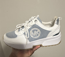 Michael Kors Logo Sneakers White Light Blue Lace Up Low Top Rubber Outsole