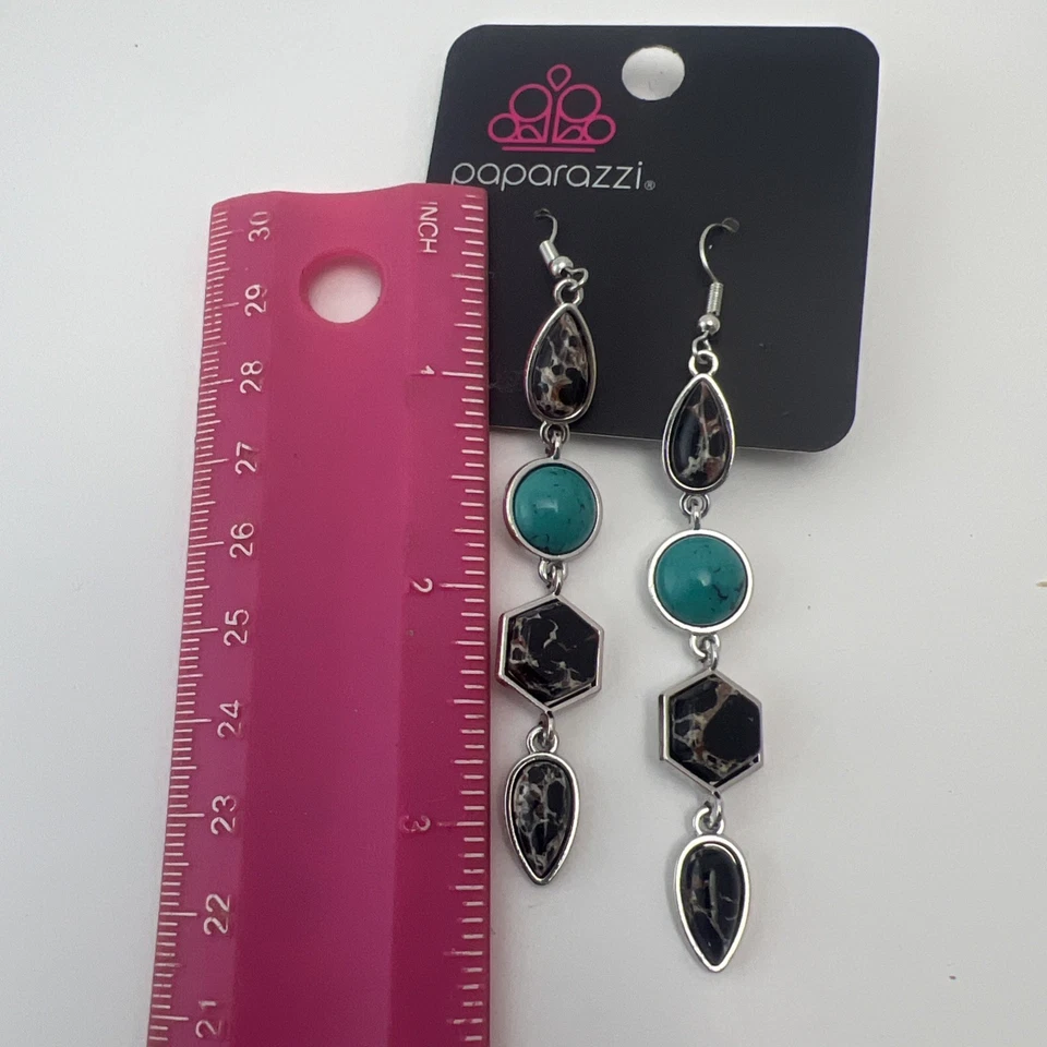 Paparazzi Dangle Singular Stone Earrings Turquoise Black Dotted Stones Silver  - Image 3 of 3