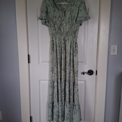 Max Studio London Boho Green Floral Botanical Smocked Maxi Tiered  Dress Med