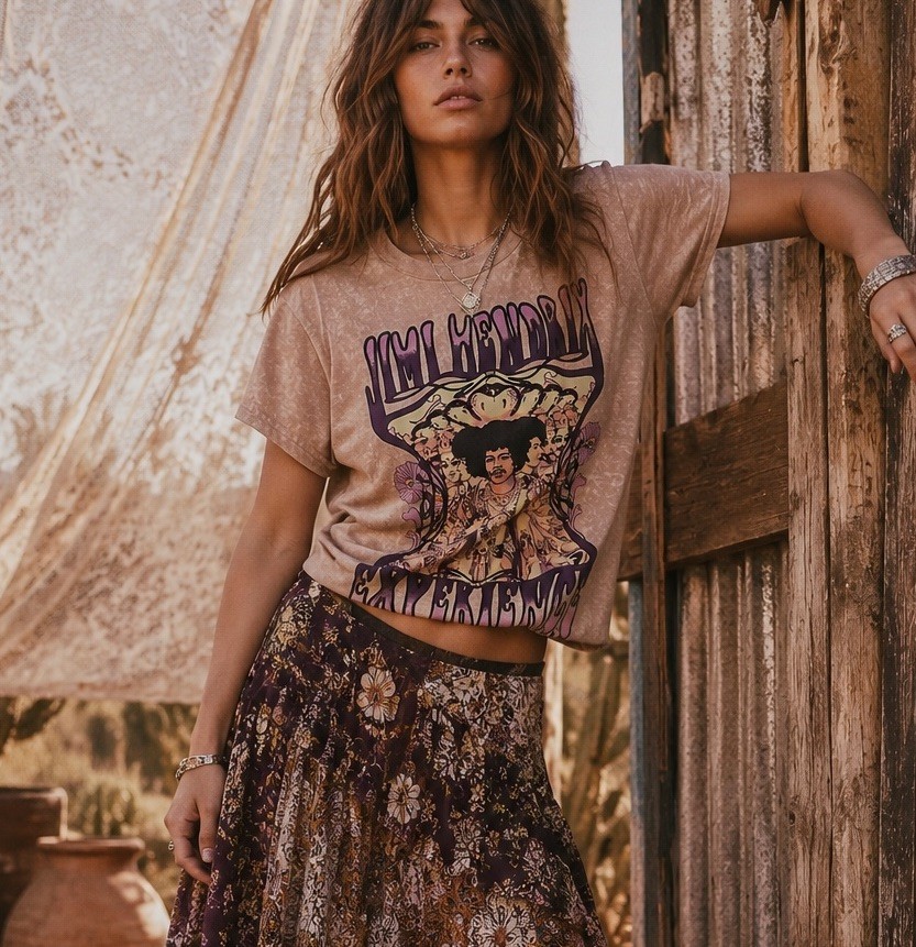 Boho boxy cropped Hendrix graphic music festival tee small