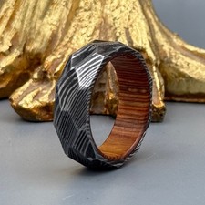 Faceted Damascus Steel Ring with Wood Interior: Handcrafted Men  s Wedding Band