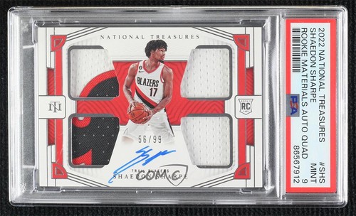 2022 National Treasures Rookie Materials Quad 56/99 Shaedon Sharpe PSA 9 Auto RC