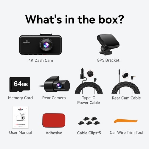 REDTIGER F17 4K Dash Cam 3 Channel Front and Rear Inside 64GB SD Card 5G WiFi