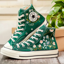 Embroidered Converse, Flower Embroidered Shoes for Women, Green Converse Embroid