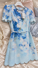 Zimmermann Blue White Floral Linen Shift Dress Beaded Scalloped Belted 0P