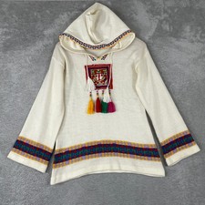 Vintage Melange Knit Hoodie Womens Large Southwestern Bird Tassel Boho 80s