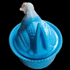 RARE Vintage Blue Slag Glass W/ Milk Glass Head Hen on Nest Candy Trinket Dish