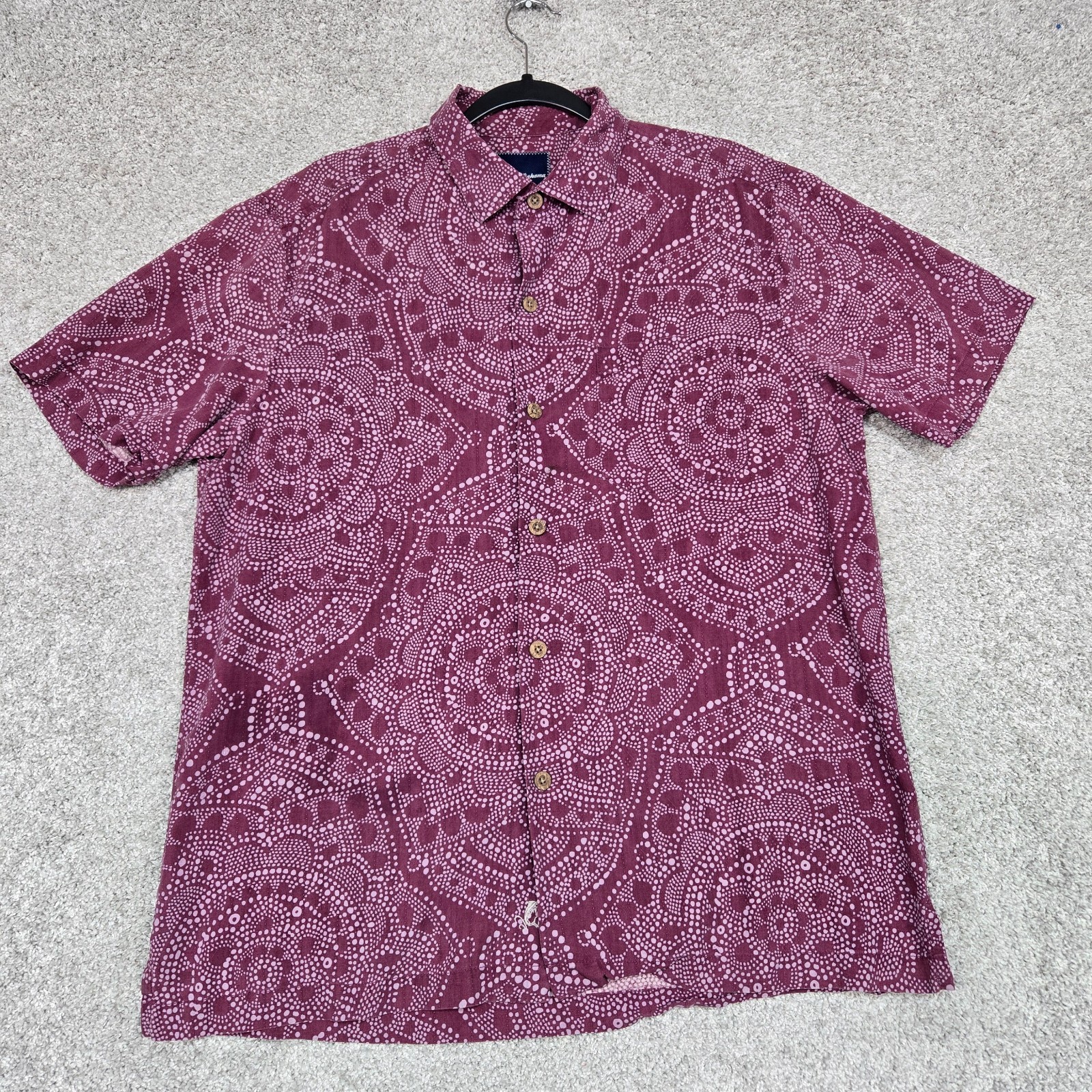 Tommy Bahama shirt Mens Medium Silk maroon Geometric Print S/S Button Up