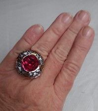 Stunning Red Round  Clear Crystal Statement Ring Brass Silvertone Size 7