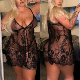 Sexy Open Front Lingerie Chemise See-Through Negligee Lace Sleepwear G-Thong Set