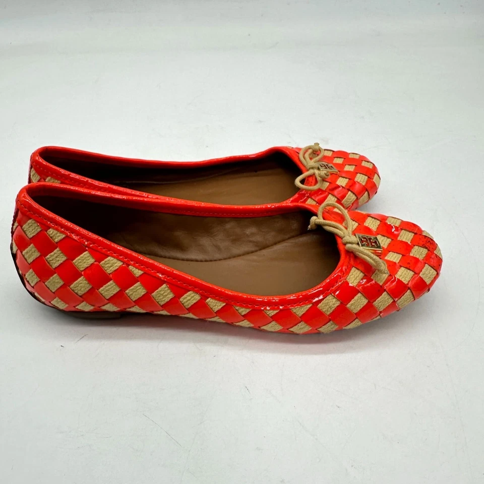 Женские туфли на плоской подошве Tory Burch 5 М оранжевые бежевые без шнуровки тканые клетчатые лакированная кожа - Изображение 3 из 4