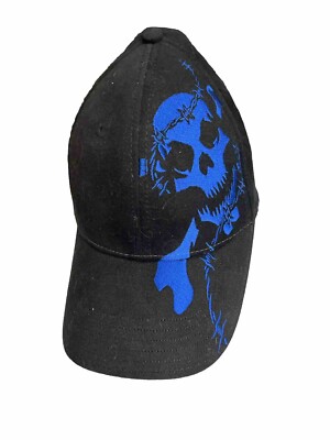 Skull Bones Black Hat Ball Cap Cobalt Blue Embroidered Goth Barb Wire Accents
