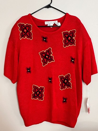 Liz Claiborne, Vintage Liz Claiborne Silk Blend Red Sweater Embroidered Short Sleeve Sz 2 NEW