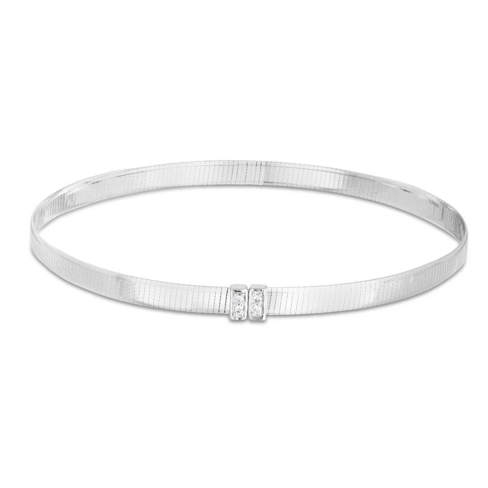 Brazalete de cadena de 4 mm con barra de diamantes naturales Omega de 7" de oro blanco de 14 k 0,04 ctw