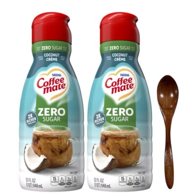CoffeeMate Zero Sugar Coconut Creme Coffee Creamer 32 oz 2 pack w/ Wooden Spoon