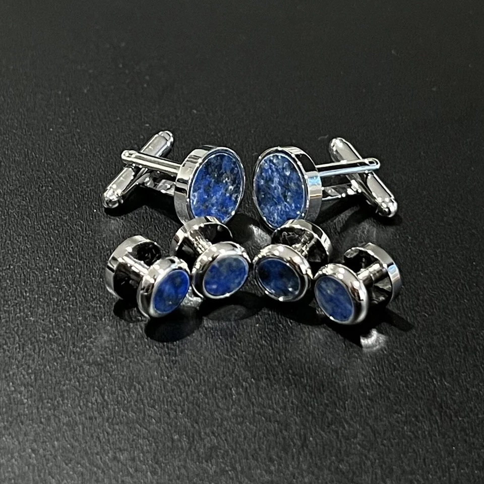 Round Lapis Lazuli Cufflinks And Dress Shirt Studs Set Men Wedding Essentials Foto 2 de 4