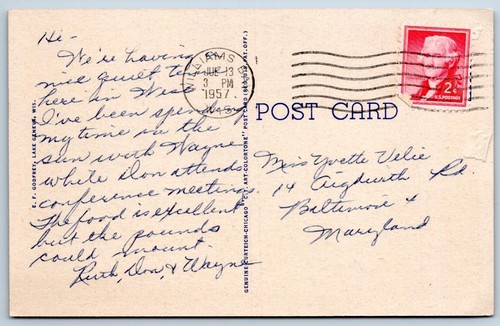 1957 College Camp Wisconsin Lake Geneva Moonlight velero acuático lino postal - Imagen 2 de 2