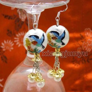 Big-18mm-White-Round-Cloisonne-amp-6-7mm-White-Natural-Pearl-Dangle-earring-ear595
