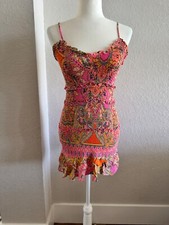 Olivaceous Pink Retro Paisley Smocked Ruffle Hem Dress Women's Size S F