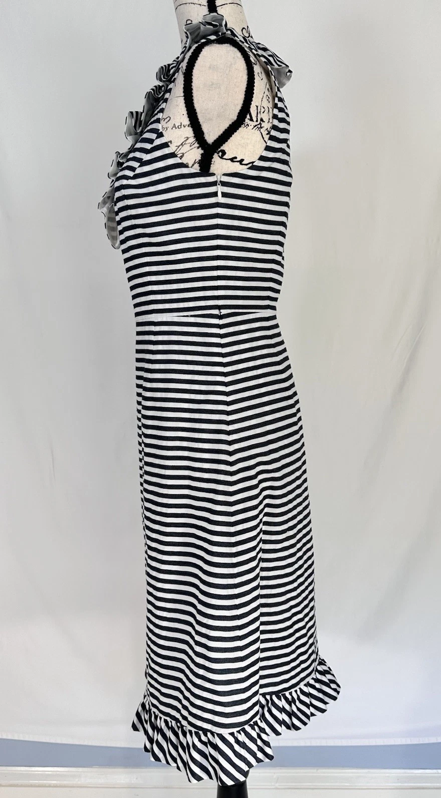 Abito KATE SPADE nero bianco a righe senza maniche in cotone con volant taglia 4 preppy