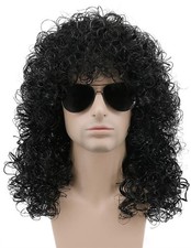 karlery 70s 80s Mens Long Curly Black Wig Afro Punk Rocker Halloween Party Co...