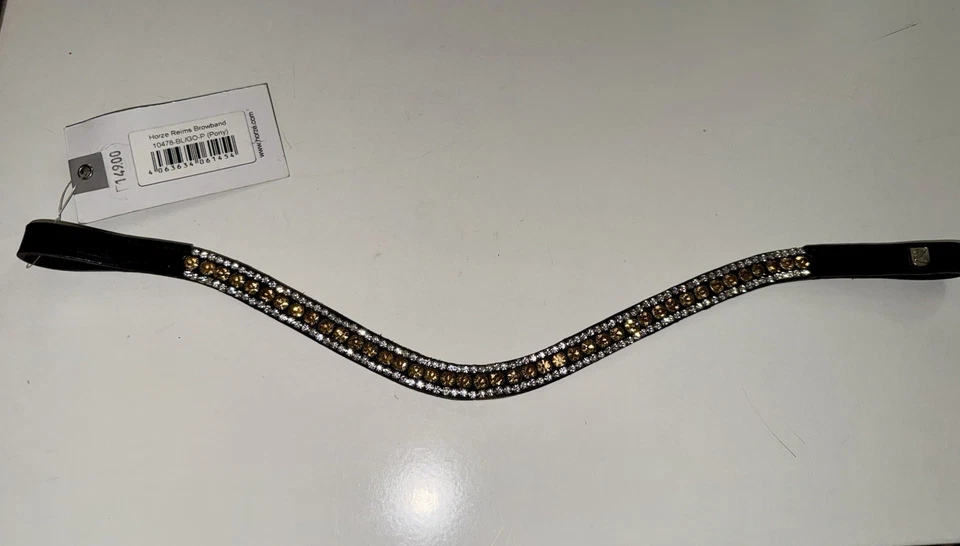 Pulseira Horze Reims Pony couro preto dourado e curva de cristal transparente $149 nova com etiquetas - Imagem 4 de 4
