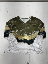 Shein Green Gold White Marble Print Long Sleeve T Shirt Womens Size XL