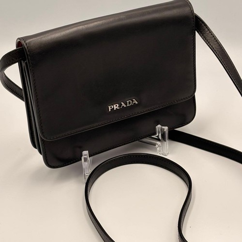 Prada Smooth Leather Shoulder Wallet, Black x Red Chain