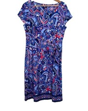 Talbots Faux Wrap Dress Stretch Size L Paisley Office Resort Midi Shift Travel