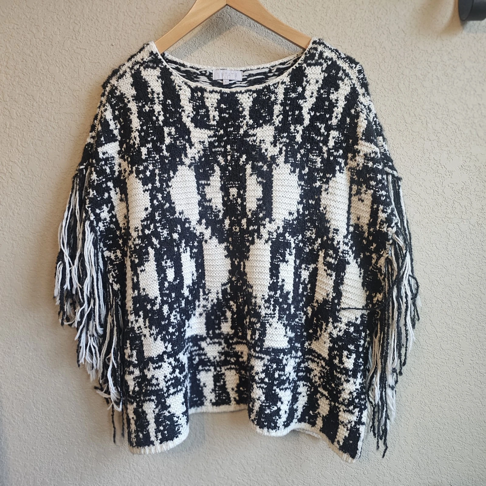 1. State Multicolor Fringe Knitted Poncho Sweater Top Womens Size Large L