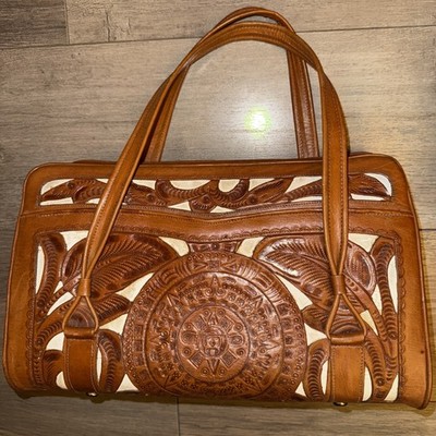 Vintage Aztec Tooled Leather Cow Hide Brown Handbag Purse from Mexico 14  x 10 