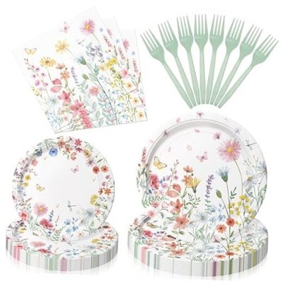 96 Pieces Spring Tableware Set   Garden Flower Disposable Wildflower Floral