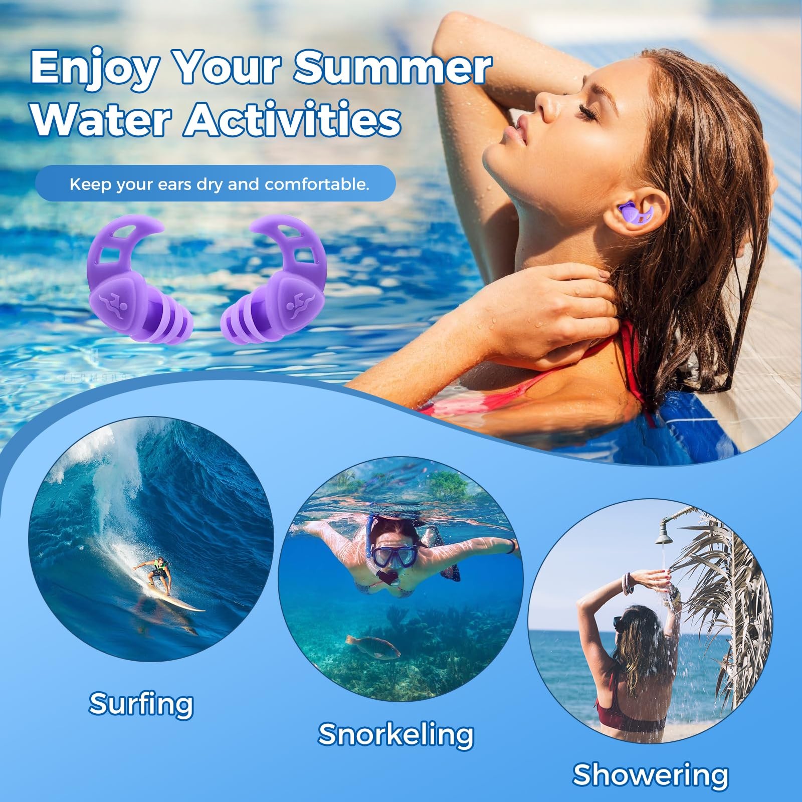 Swimming Ear Plugs for Adults,3 Pairs Waterproof Silicone Reusable Swim Earpl...