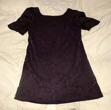 Women’s Black Floral Lace Sheer Shift Dress Scoop Neck Puff Short Sleeve M