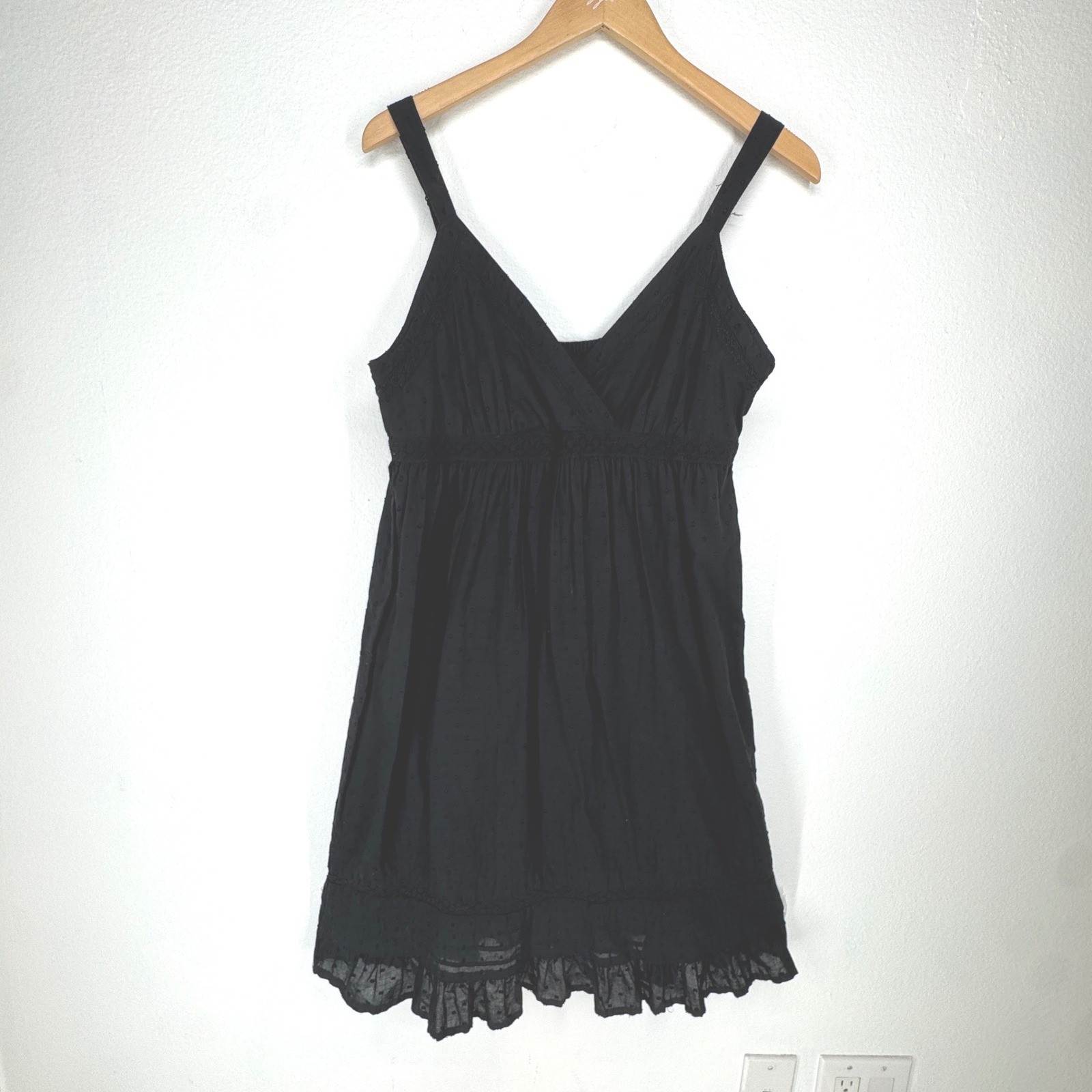 Faded Glory Black Swiss Dot Crochet Lace Babydoll Dress Medium Y2K Boho Coastal