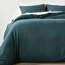 Full/Queen Heavyweight Linen Blend Duvet Cover  Sham Set Dark Teal Blue