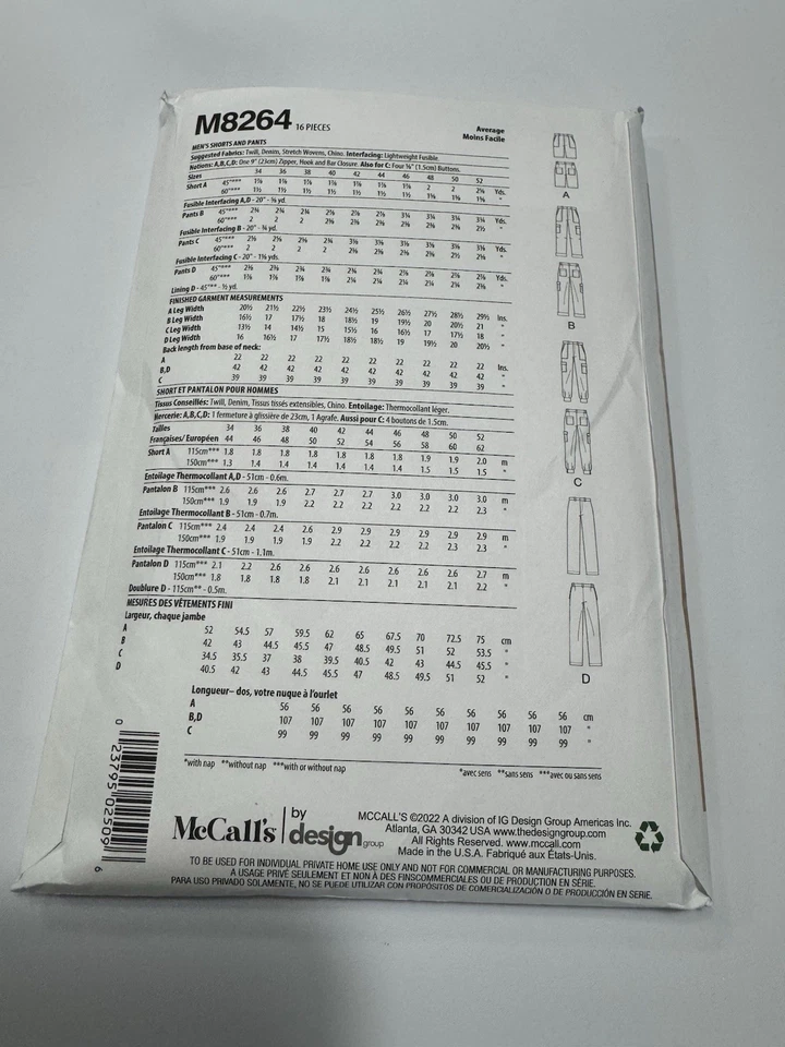McCall's M8264 Men's Shorts and Pants Sewing Patterns - Size 44-52 - Image 3 of 4