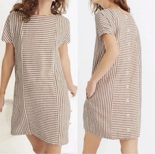 Madewell Daphne Rust Stripe-Play Button-Back Tee Dress Linen Blend Women's Small