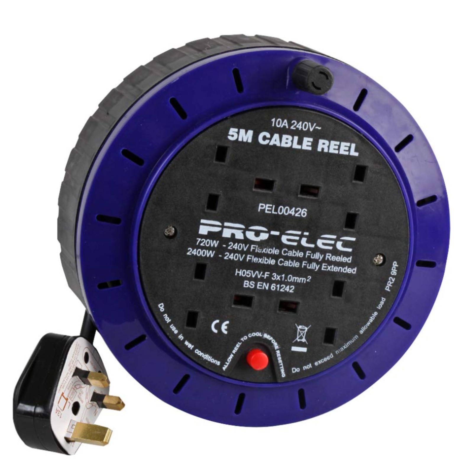 Pro Elec 5m 4 Gang Extension Cable Reel Box Cassette Multi Plug Socket 10A Fused