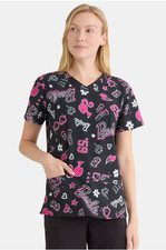Barbie / Scrubstar NEW♈Women's Printed Scrub Top size L~Black/ Pink
