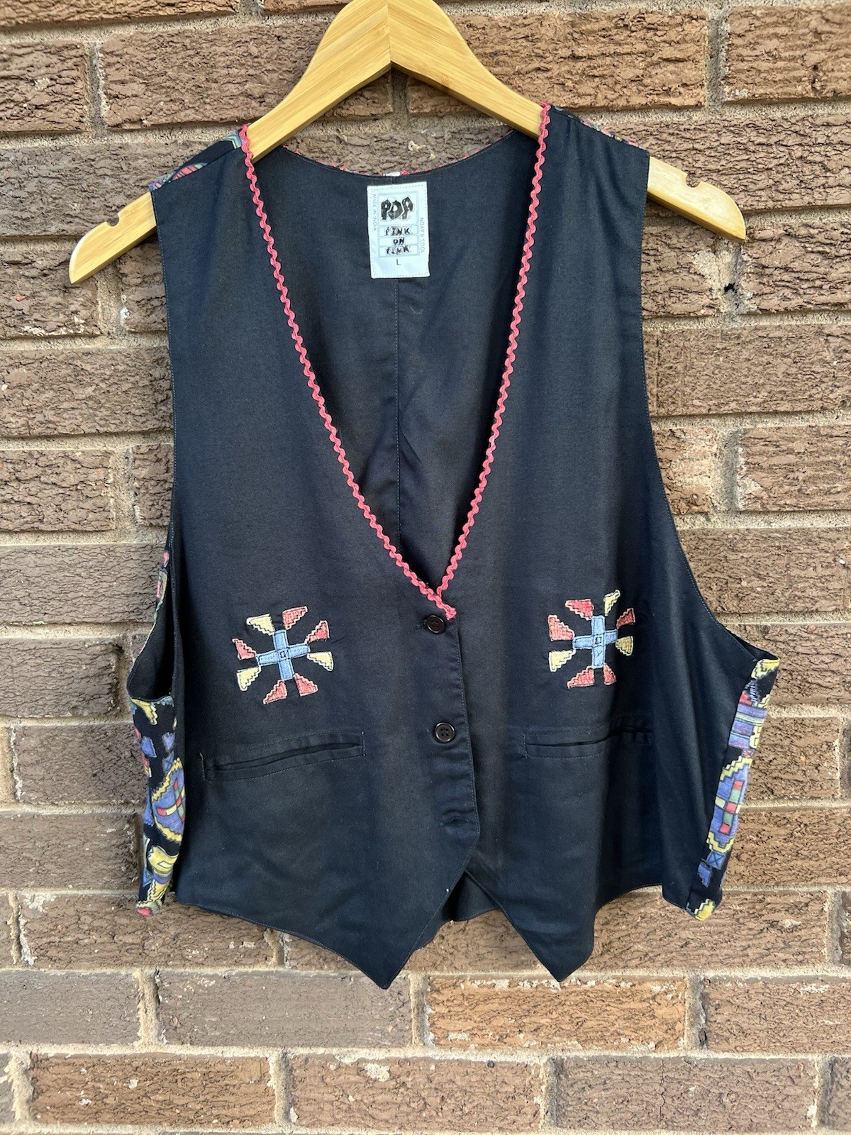 Vintage 90’s Vest Women's Lg Black Whimsy Goth Western Embroidered Top Boho