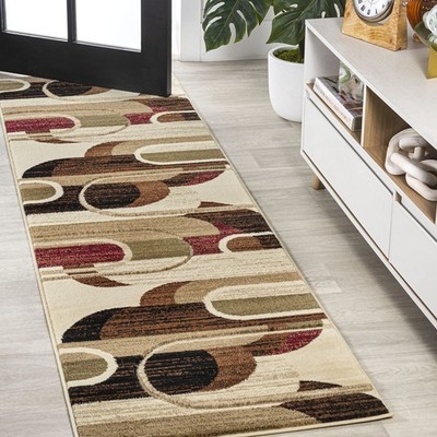 Abstract Arches Cream/Brown/Red Runner Rug 2X8 ft, Tamara for Living Room, Be...