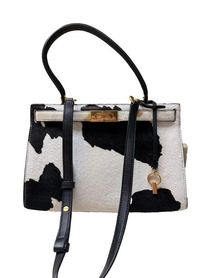 Bolsa satchel Tory Burch Lee Radziwill cabelo de bezerro couro preto branco fecho chave - Imagem 3 de 4
