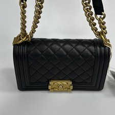 Chanel Boy Black Shiny Calfskin Quilted Gold Tone Hardware Authentic Crossbody