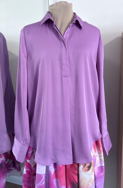 WITCHERY size 16 SHIRT Silky LILAC Tab front BACK PLEAT Long sleeves EXC. COND.