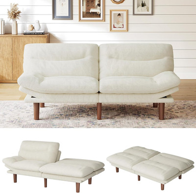 75in Futon Sofa Bed Convertible Corduroy Sleeper Sofa Loveseat Adjustable White