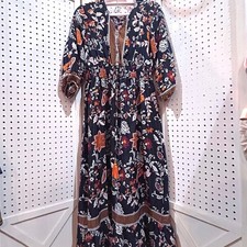 Lapogee Boho Floral Maxi Dress Navy Orange Tassel V Neck Smocked Waist L