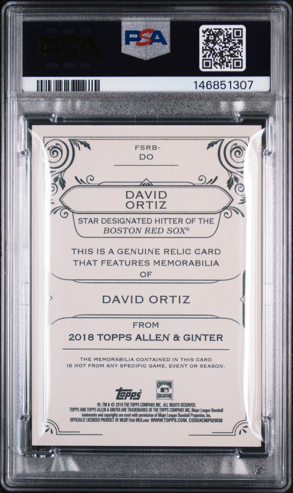 2018 TOPPS ALLEN & GINTER FULL-SIZE RELICS #DO DAVID ORTIZ PSA 9 AUTO 10 view 2